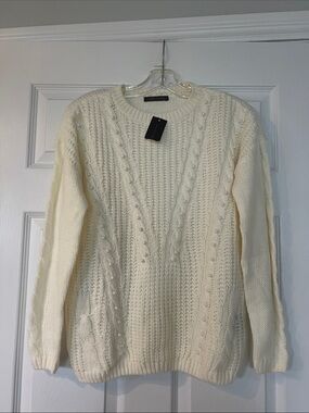 Suzy Shier Cream Pearl-Accent Cable Crewneck Sweater